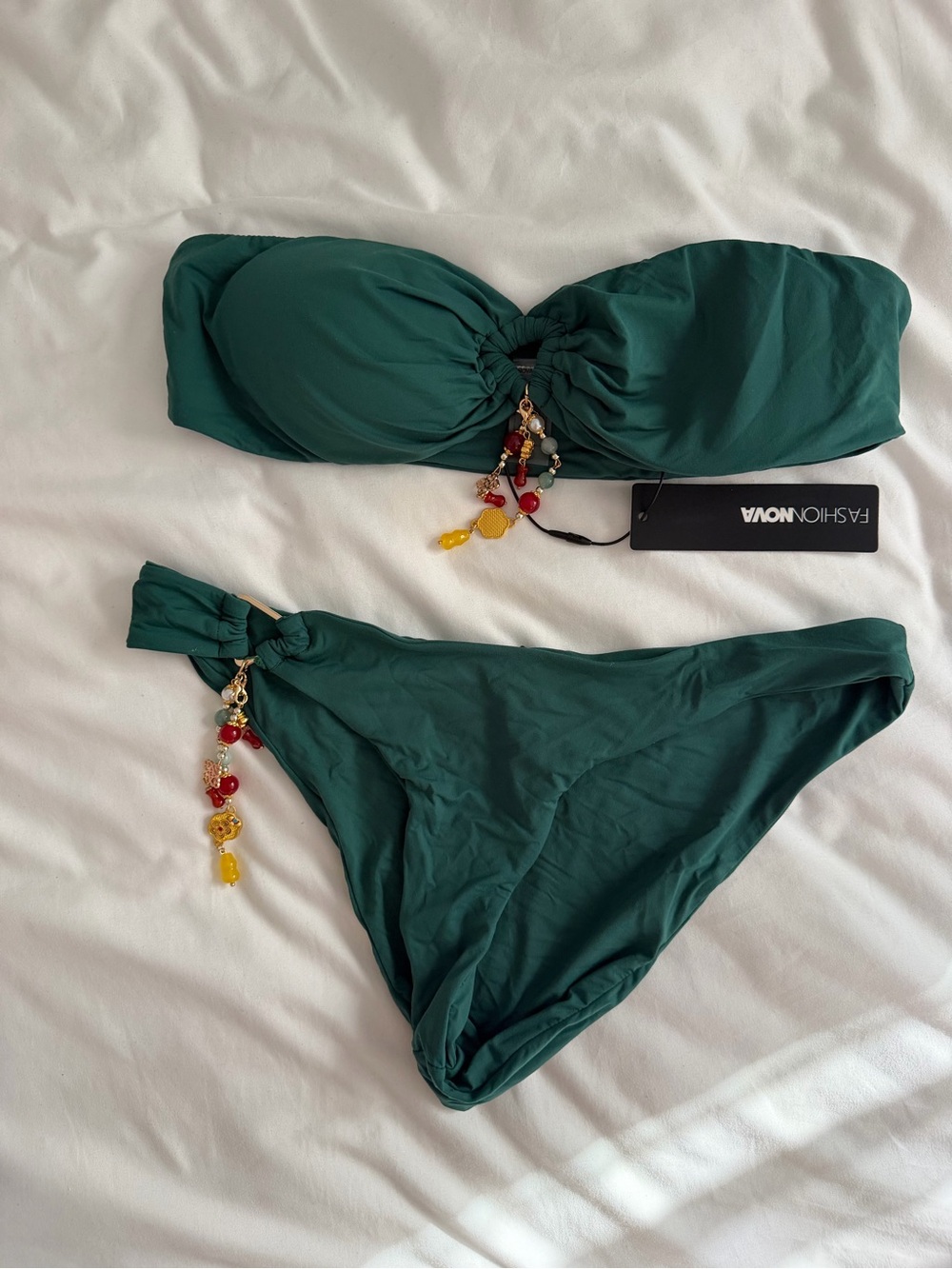 Fashion Nova Dark Green Strapless Bikini Set with Charm Accents